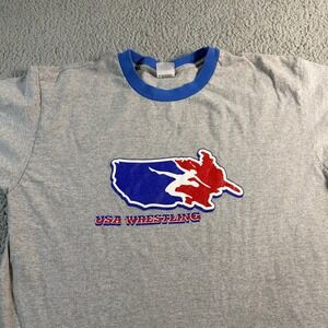 Vintage USA Wrestling Ringer T-Shirt Mens Large Gray Blue Graphic Tee